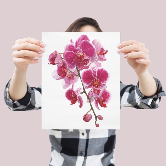 Watercolor Pink Orchids Wall Art Print Unframed - Elegant Floral Serenity - Picture 4 of 6